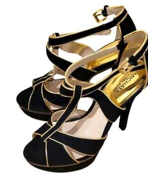 Michael Kors Black Suede Gold Trim Strappy Platform Stiletto Sandals